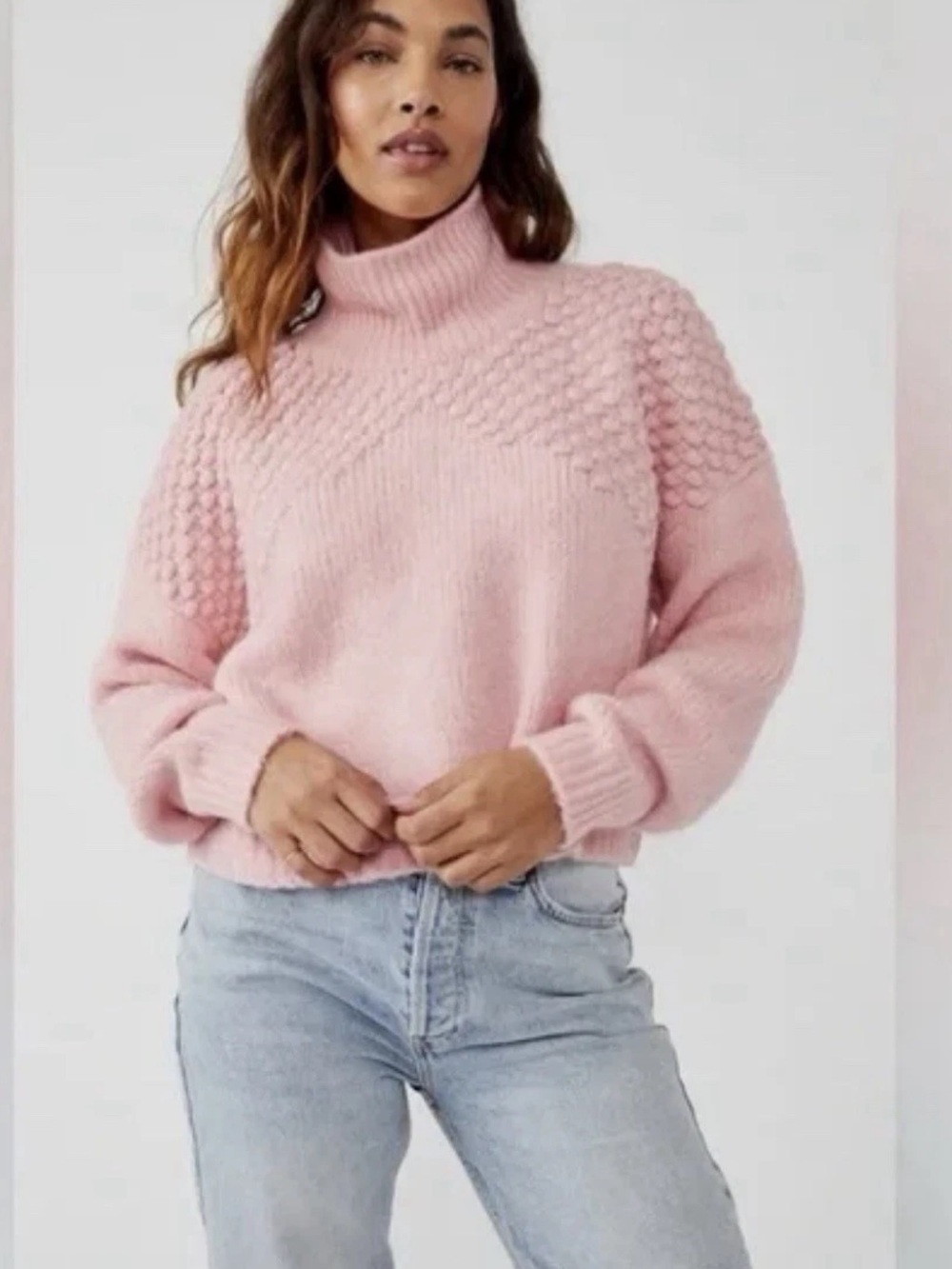 Free People Pink Bubble-Stitch Turtleneck Sweater